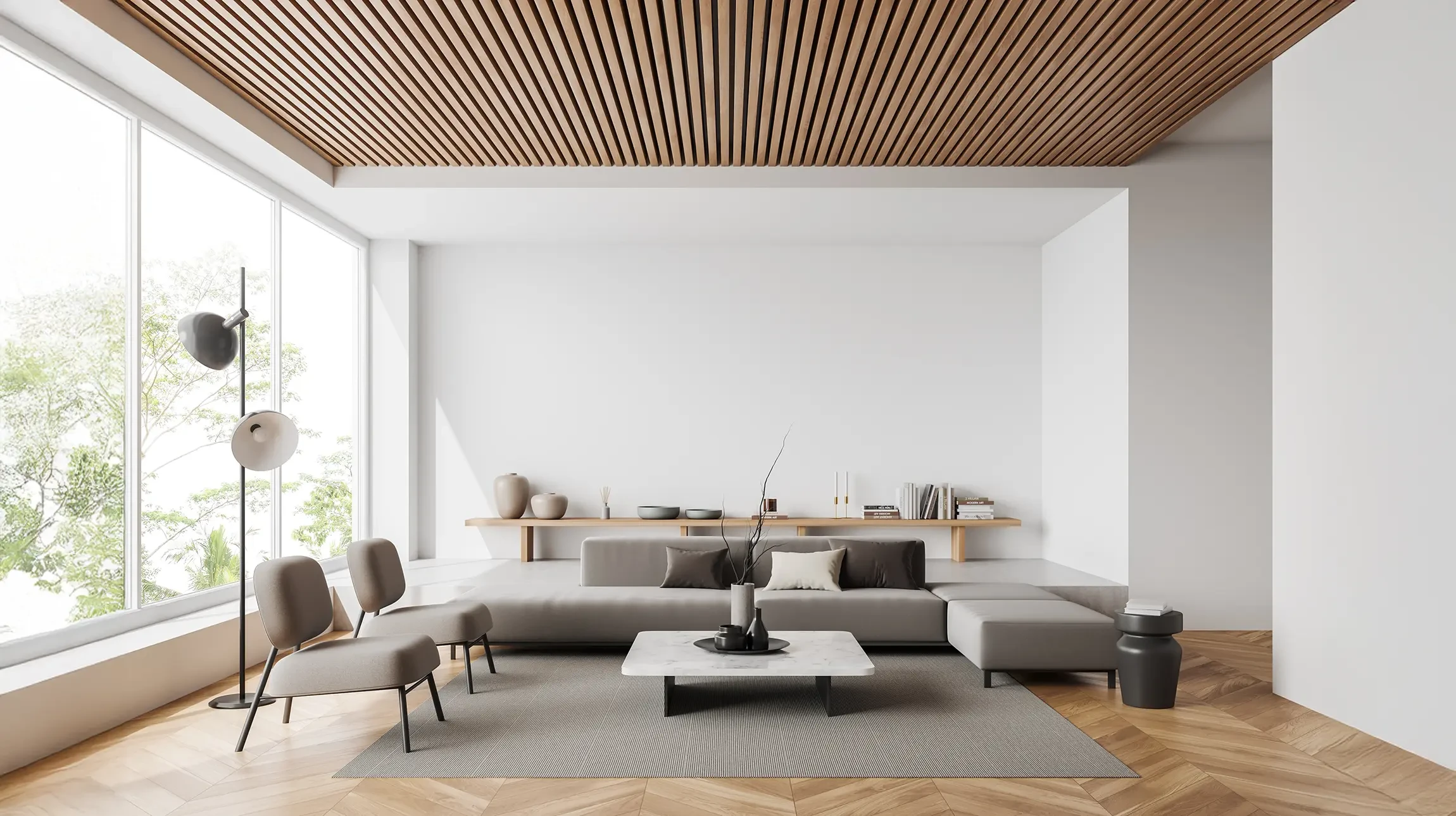 Appartement en cours de rénovation et après travaux, espace ouvert avec cuisine moderne, chambre intégrée et salon